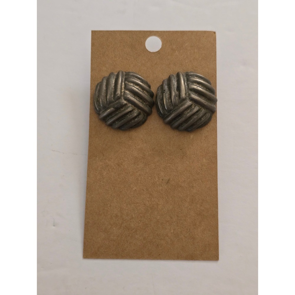 Vintage Chunky Grunge Roman Silver Tone Textured Ribbed Button Stud Earrings